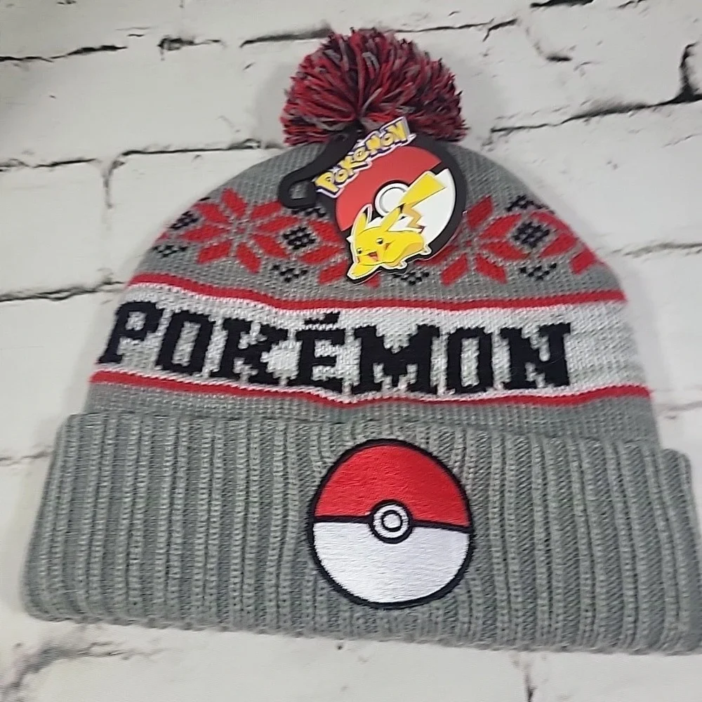 Pokemon‎ Pokeball Bioworld Beanie Cap Fair Isle Pompom Gray Ski Cap O/S Ages 14+